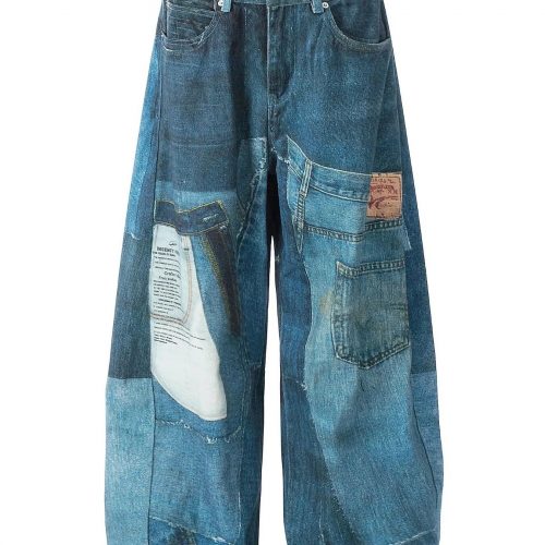 Men's Washed Patchwork Wide Leg Curved Jeans